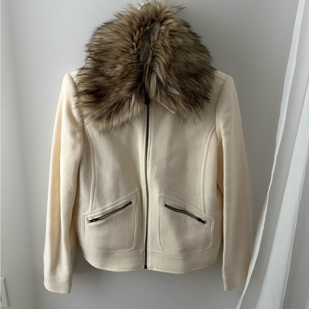 Ralph Lauren Cream Wool Blend Jacket with Removable Faux Fur Collar